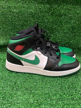 NIKE AIR JORDAN 1 MID BLACK-PINE GREEN-WHITE-GYM RED SZ 6.5 Y
